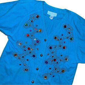 💙💖Vintage Monique Fashions Blue Studded Bedazzled Jeweled Button-Up Top